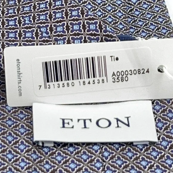 Eton Tie Mens Brown Blue Geometric 100% Silk Made‎ Italy Formal Necktie NWT